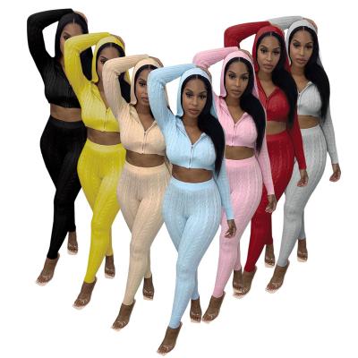 China Anti-Static Women Sexy Apparel Solid Color Crop Top Pants 2 Piece Set Knit Fabric Cropped Hoodie Set Women's Sweaters Two Piece Set S001049 for sale