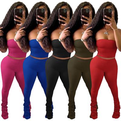 China Anti-Static Women's Clothing Solid Colors Cotton Blend Tube Crop Top And Pants Set Sweat Pleated Female Clothing Set Two Piece Pants Wholesale for sale