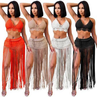 China Summer Crochet Breathable Bikini Cover Up Tassel Skirt Beach Swimwear Women Sexy Hollow Out Shell Bikini Top Knitted Handwoven Swimsuit for sale