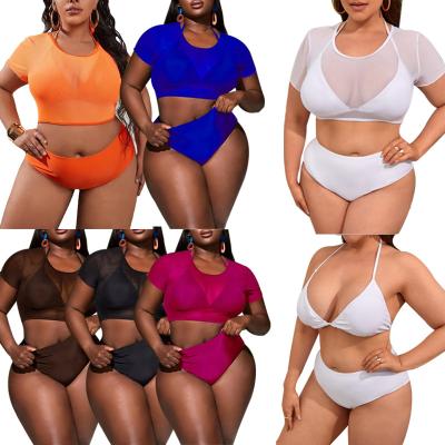 China Viable Plus Size Swimwear Bikini For New Design XXXXL Girl Sexy Bikini Summer Fat Women Swimsuit 3 Piece Bikini Set With Mesh Cover Up for sale