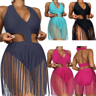 China Wholesale Viable Swimwear Women Solid Halter Fringe Trim Monokini Monokini Halter Deep V-Neck Solid Bikini Jumpsuits Cut Out One Piece Swimsuit for sale