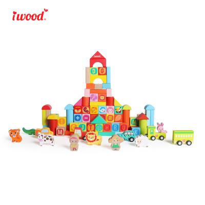 China Environmental iWood Series Hot Sale 100PCS Wooden Zoo Building Block Toys for sale