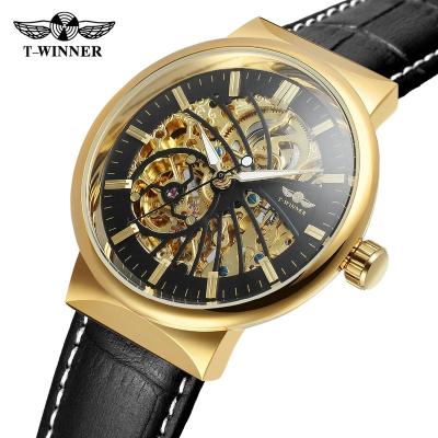 China Power Reserve 2020 T-WINNER Black Leather Strap Water Resistant 3ATM Genuine Luxury Skeleton Watch Man relojes hombre watch for sale