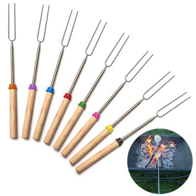 China Easily Cleaned 8pcs Barbecue Telescoping String Marshmallow Roasting Sticks Stainless Steel BBQ Skewers With Wooden Handle for sale