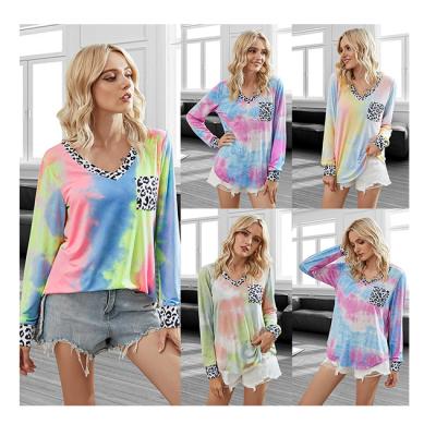 China 2020 Anti Shrink Best Shot Style Leopard Print Neck Stitched Tie Dye Sleeve T-Shirt Wholesale Anti Shrink Long Sleeve For Women Tops for sale