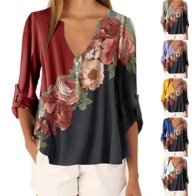 China 2020 Autumn/Winter New European Women's V-Neckline Border Anti-Shrink Anti-Shrink Floral Print And American Plus Size Blouse Top T-shirt for sale