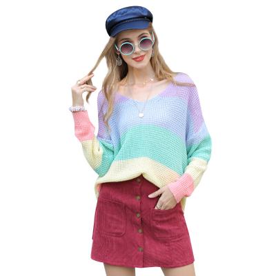 China European and American Women's Fall/Winter Anti-wrinkle Anti-wrinkle Rainbow Loose Knitwear Plus-size V-Neck Matching Sweaters for sale