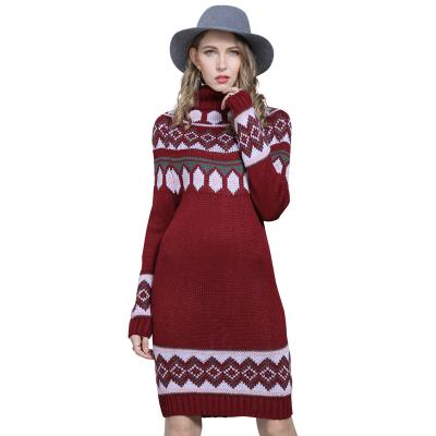 China Border Style Anti Wrinkle Anti Wrinkle Amazon Warm Geometric Turtle Neck Winter Thick Sweater Slim Long Knit Sweater Dress For Women for sale