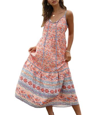 China V-neck Bohemian anti-static patchwork spring printing summer loose dress with big straps women's dress for sale