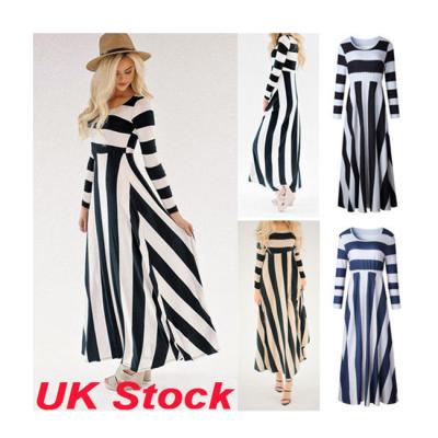 China New European Hot Anti-Static Women Ladies Loose Stripe Spring And Summer Amazon Style Skirt Long Dress With Long Sleeve for sale