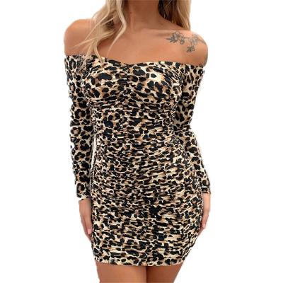 China New anti-static anti-static European and American CSI style for leopard print buttocks dress with O neck off-the-shoulder body shape short sleeve for sale