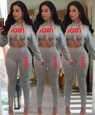 China QUICK DRY Women Leisure Suits Clothing Body Letters Printed Gray Two Piece Pants Sets Ladies Woman Clothes Suits for sale