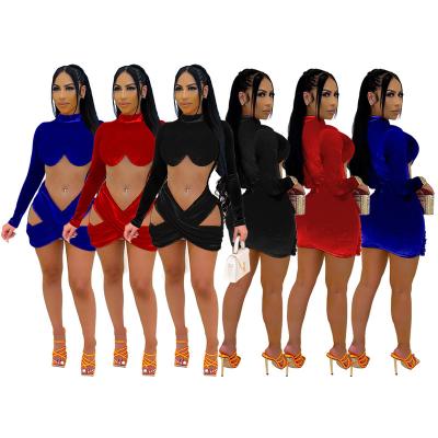 China Sexy Party Club Women Dress Sexy Christmas Velvet Mesh Bodycon Dress Ladies Long Sleeve To See Dress Clothes for sale