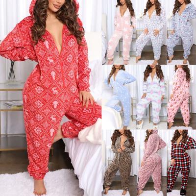 China Winter Velvet Sleepwear Women Christmas Xmas Hooded Jumpsuits Pajamas Overalls Pants Rompers Long Sleeve Breathable Thick Zipper for sale