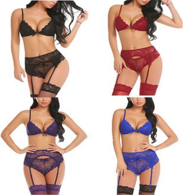 China Spandex/Polyester Women's Sexy Lingerie Set 3 Piece Sleepwear Costumes Lace See Through Ladies Night Wear Spaghetti Strap Mini Sleep Set for sale