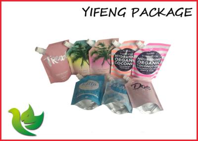 China Barrier Printed Hair Treat Plastic Pouches For Liquids With Spout On Corner for sale