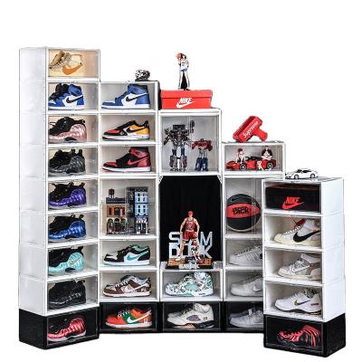 China Multi-Layer Plastic Shoe Display Cabinet AJ Shoe Organizer Detachable Dustproof Showcase Space-Saving Stackable Shoe Box Stackable for sale