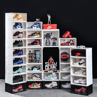 China AJ Shoe Display Cabinet China Multilayer Stackable Plastic Shoe Storage Box Detachable Dustproof Organizer Space-saving Sneakers for sale