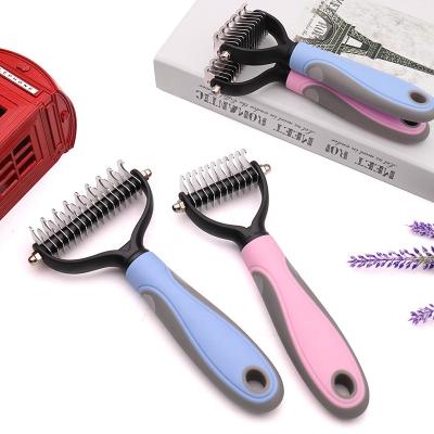 China Durable Pet Hair Removal Comb Double Sided Blades Fur Dematting Trimmer Deshedding Brush Grooming Tool for sale