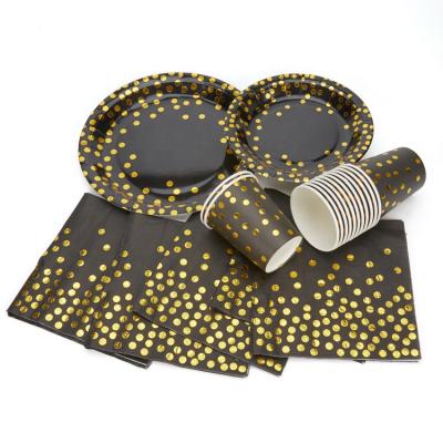 China Disposable Fancy Paper Plates and Cups 144 Piece Elegant Black Gold Party Dishes and Cups with Gold Foiled Confetti Polka Dots for sale