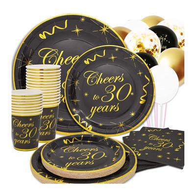 China Eco-friendly Thick Disposable Paper Plate Cups Napkins Party Supplies Sets Birthday Anniversary Black Eco-Friendly Paper Tableware for sale