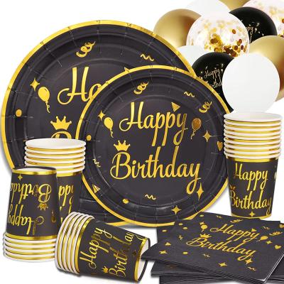 China Fascinating Black Fancy Napkins Decoration Cups Paper Plate Disposable Tableware Set Party Supplies Happy Birthday Dishes for sale