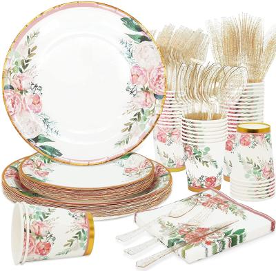 China Art Decor Weeding Disposable Tableware sets cheap luxury party supplies bridal shower floral paper plates for sale