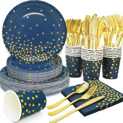 China Disposable Royal Blue Napkins and Gold Paper Plates Cups Cake Salad Dinner Wedding Decor Disposable Tableware Set for sale