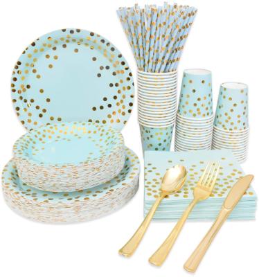 China CLASSIC Disposable Dinnerware Set Blue and Gold Party Supplies Gold Dot Dinner Dessert Forks Knifes Spoons Sets Dinnerware for sale