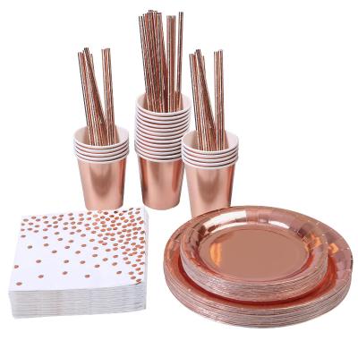 China Rose Gold Disposable Paper Plates Paper Cups Straws Napkins Tableware Set Party Supplies for sale