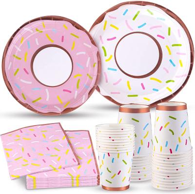 China Wholesale Custom Fascinating Donut Birthday Party Baby Shower Pink Donut Grow Up Themed Parties Tableware Set for sale