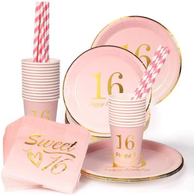 China Traditional Paper Plate Disposable Paper Plates Pink Decorating Tableware Paper Plates And Napkins Set For Sweet 16 Years Birthday for sale