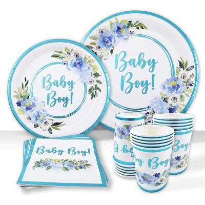 China Glamorous Baby Blue Floral Paper Plates with Baby Shower Foil Plates and Light Blue Napkins Baby Boy Decorations for sale