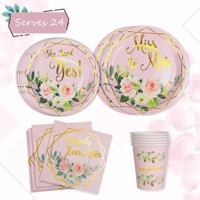 China Hen Night Party Gold Foil Miss To Mrs Party Supplies Rustic Floral Tableware Set Paper Plates Napkins Disposable Cups For Bridal Shower for sale