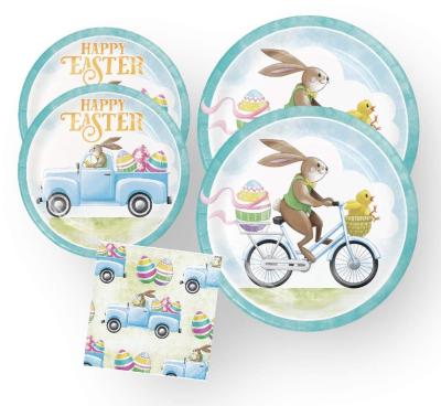 China Rustic Easter Party Supplies Bunny Rabbit Egg Bike Paper Dishes Napkins Set Disposable Sturdy Kids Party Dishes for sale