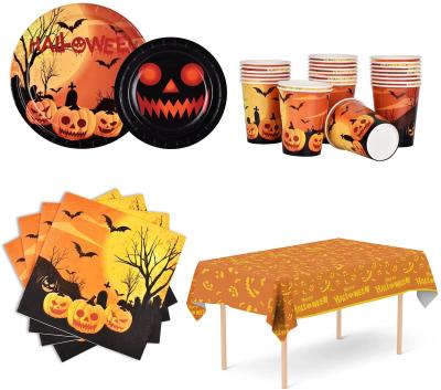 China Minimalist Halloween Party Supplies Disposable Pumpkin Paper Plates Napkins Cups For Halloween Party Decorations Serve 25 for sale