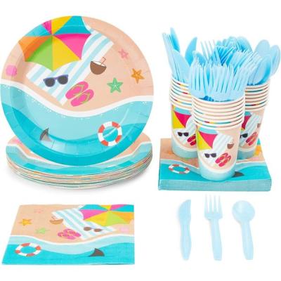 China Traditional Summer Beach Birthday Party Supplies Paper Plates and Napkin Sets for Baby Shower Decorations Birthday Disposable Dishes for sale