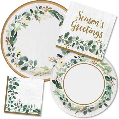 China Greenery Garlands Eco-Friendly Disposable Disposable Holiday Dishes Napkins Set Seasons Greetings Jungle Theme Eucalyptus Decor Party Supplies for sale