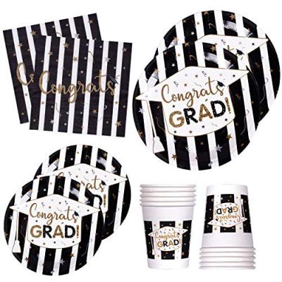 China Disposable dinnerware set dinnerware set traditional graduation party supplies paper plate black services 24 napkins cups gold decoration for sale