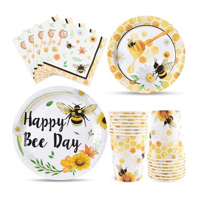 China Happy Bee Day Modern Baby Shower Paper Plate Cups Napkins Tableware Set for Kids Girls Honey Bee Birthday for sale