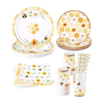 China Modern Bee Themed Party Supplies Disposable Bee Dishes Cups Napkins Straws For Bee Gender Reveal for sale