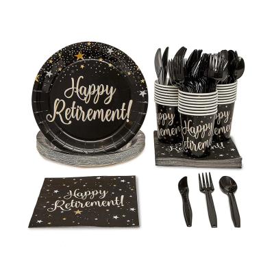 China Modern Happy Retirement Party Supplies Set Disposable Tableware With Plastic Cutlery for sale