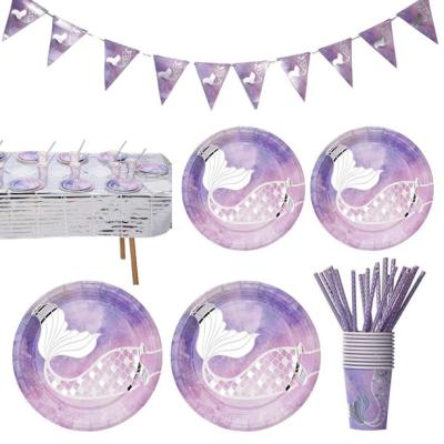 China Traditional Purple Birthday Party Tableware Set Paper Plates Cups Banner Straw Paper Decoration Party Supply for Girls for sale