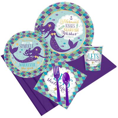 China Modern Mermaid Bottom Water World Theme Party Supplies Paper Plate Paper Cup Disposable Napkin Set for sale