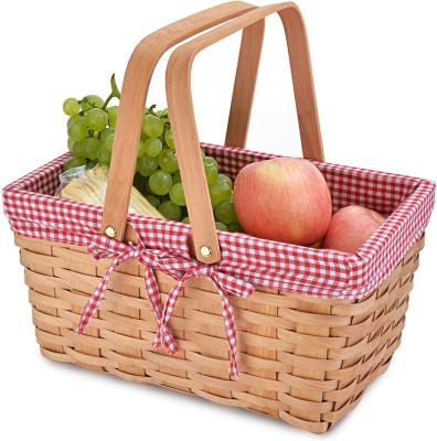 China Amazon Sale Outdoor Picnic Eco-Friendly Natural Wooden Chip Woven Basket With Folding Handles Hot Viable Sample Available for sale