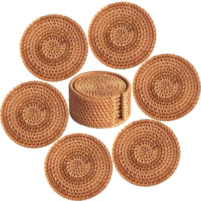 China Strong And Waterproof Vietnam BOHO Rattan Baskets OEM For Storage Fruit Plant Tea Coaster Tray Round Storage Rattan Basket Decorative Decor Set Of 2 for sale