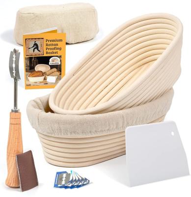 China Rattan 10 Inch Oval Bread Proofing Basket with Lining Cloth Set of 2 + Premium Bread Scraper Bread Basket Blade and Slash for sale