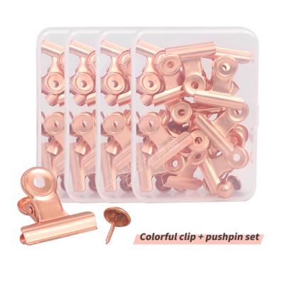 China Colorful Rose Gold Office Stationery Binder Clip Metal Push Pin Set Hand Account Binder Clip For 15pcs Boxed Round Clip for sale