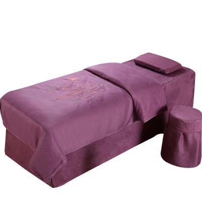 China Disposable koera 1800T style massage sheet bed skirt massage bedding set dark purple for sale