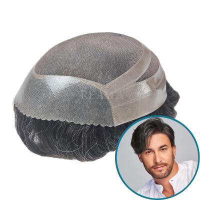 China Remy Hair Fine Mono Center Straight With NPU Around PU Clear Poly Male Toupee Wig With Scallop In The Front for sale